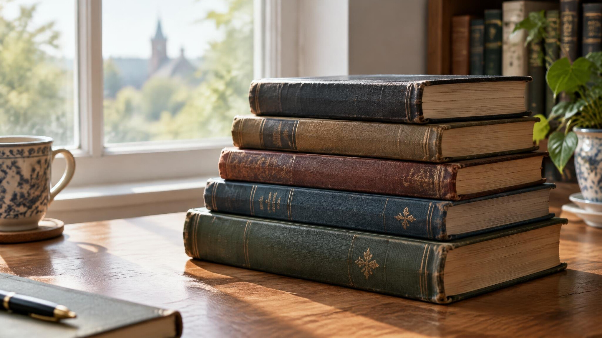 Stack of books on a table in soft light