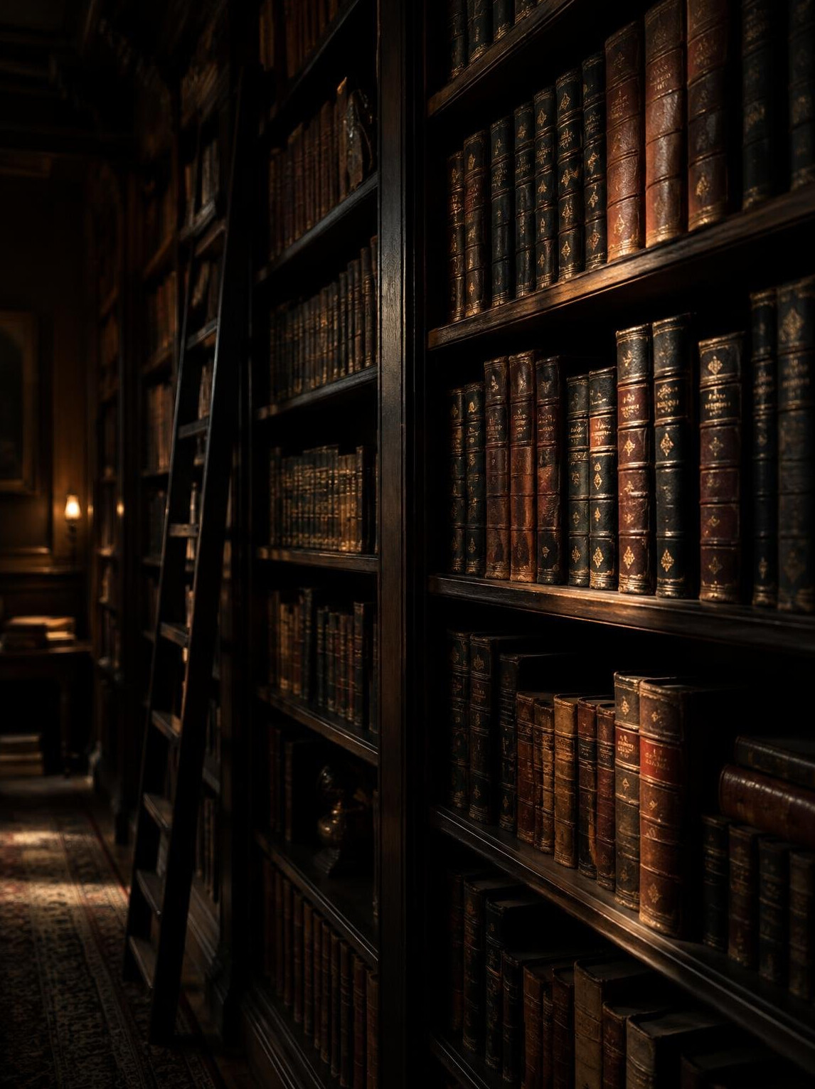 Moody library shelves with warm low light